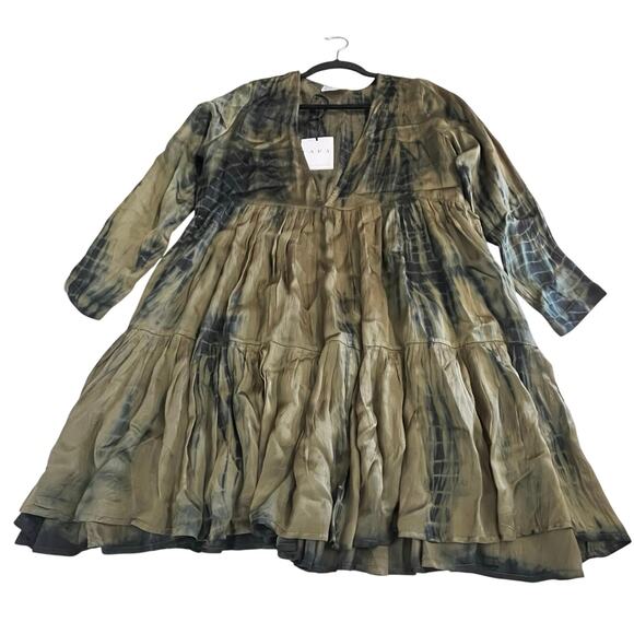 FARA RUNE MINI DRESS OLIVE TIE DYE Satin Size SM Long Sleeve Tiered Boho Beach - Picture 3 of 13